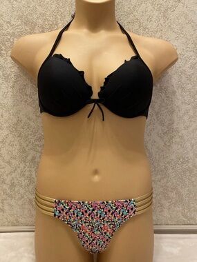 Victoria's Secret Black Ruffle Push-Up Bikini Top with Confetti Print Bottoms